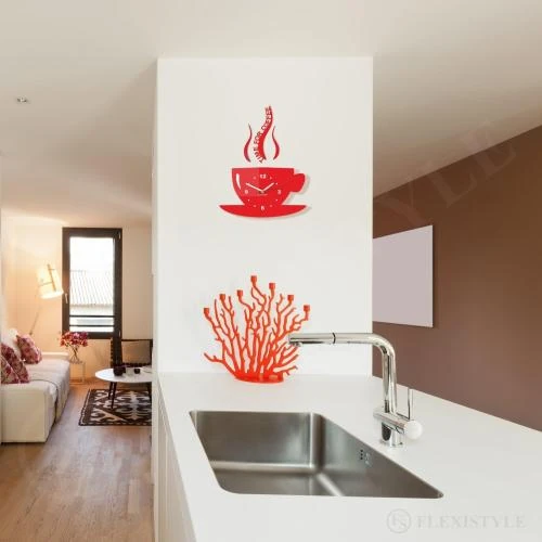 Zoom sur Horloge murale moderne rouge, tasse Time for Coffee 3D