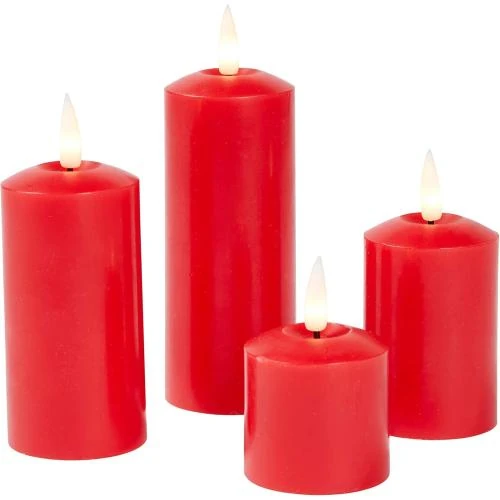 Zoom sur Bougies Piliers Fines TruGlow Cire Rouge, LED Blanc Chaud