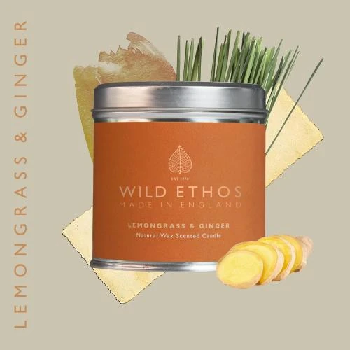 Zoom sur Bougie parfumée éthos naturels, citronnelle, gingembre, étain