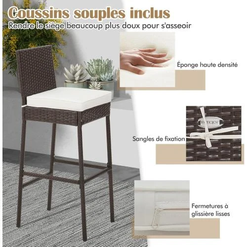 Zoom sur Tabourets de Bar Rotin Lot de 2, Chaise Extérieure Confortable