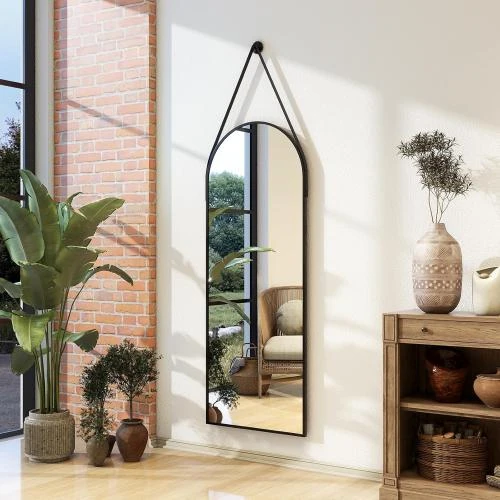 Zoom sur Miroir mural arque pleine longueur, cadre aluminium, cuir