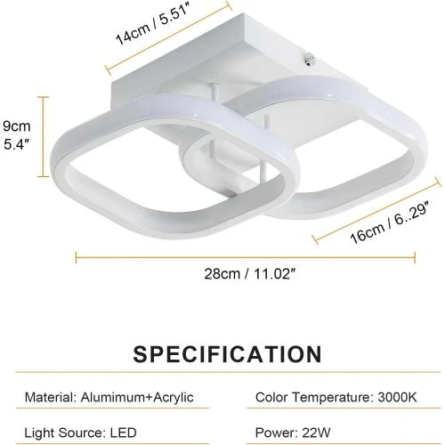 Zoom sur Plafonnier LED 22W, Luminaire Moderne Acrylique Blanc