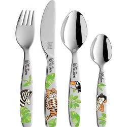 Couverts enfants gravés, motif jungle, acier inoxydable
