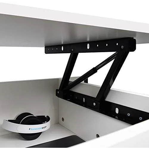 Zoom sur Table basse industrielle acier, bois, plateau relevable