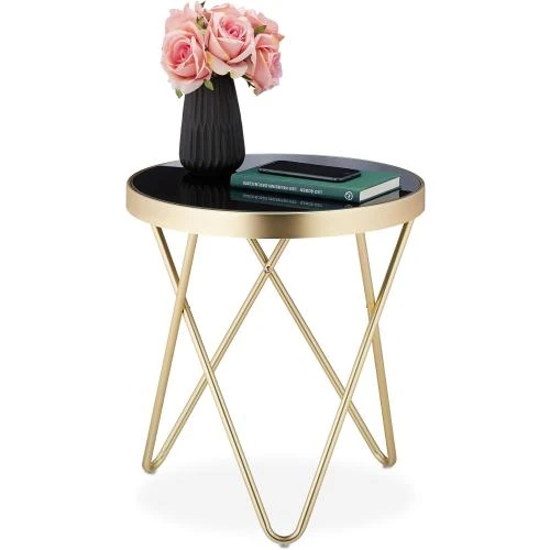 Table d'appoint ronde métal, verre, design rétro noir doré - Vue principale