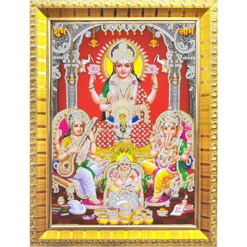 Zoom sur Cadre photo Laxmi, Ganesh, Saraswati, Dhan Kuber, décoration intérieure