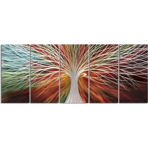 Zoom sur Décoration murale métal arbre 3D multicolore, 5 panneaux