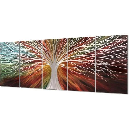 Décoration murale métal arbre 3D multicolore, 5 panneaux - Vue principale