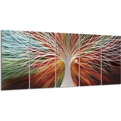 Détail de Décoration murale métal arbre 3D multicolore, 5 panneaux