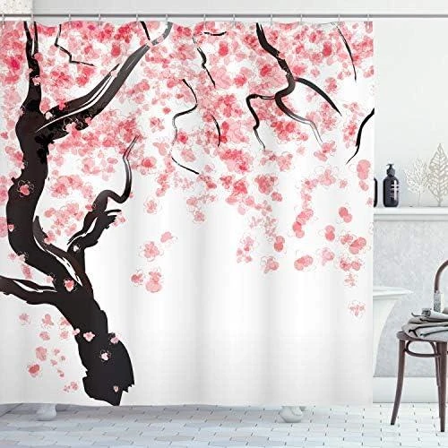 Rideau de Douche Floral ABAKUHAUS - Décor Cerisier avec Crochets - Vue principale