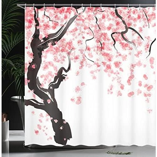 Zoom sur Rideau de Douche Floral ABAKUHAUS - Décor Cerisier avec Crochets