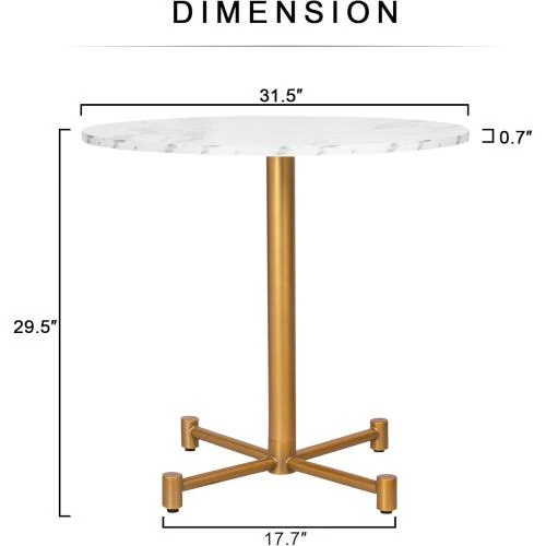 Détail de Table salle à manger ronde, bois marbre blanc, métal doré