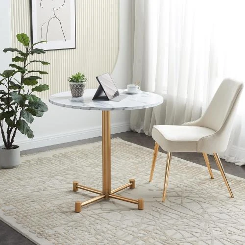Table salle à manger ronde, bois marbre blanc, métal doré - Vue principale