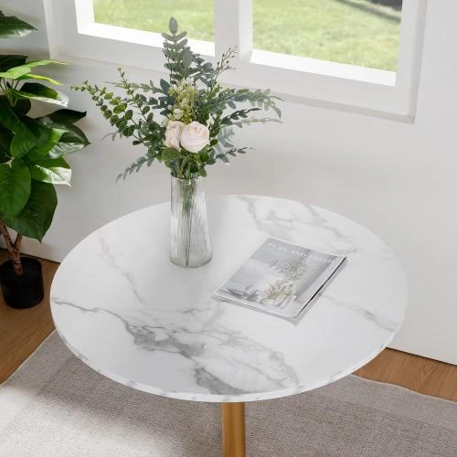 Zoom sur Table salle à manger ronde, bois marbre blanc, métal doré
