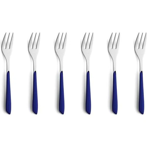 Kuppels, 6 fourchettes gâteau inox, bols plastique bleu indigo - Vue principale
