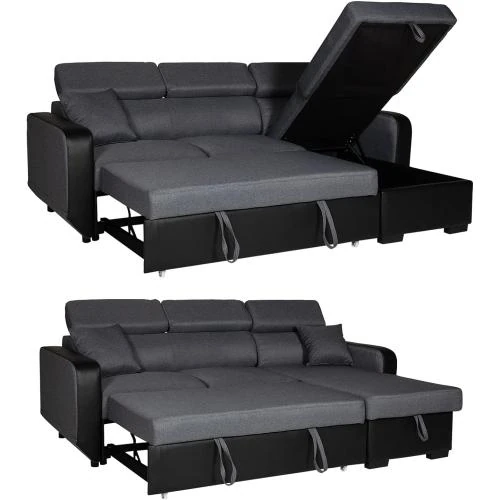 Zoom sur Canapé d'angle convertible Happy Garden, tissu gris noir, rangement