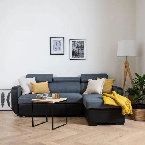 Détail de Canapé d'angle convertible Happy Garden, tissu gris noir, rangement
