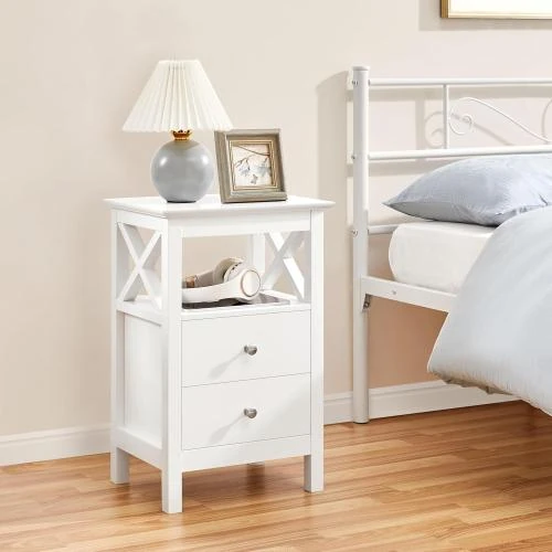 Détail de Table de Chevet Blanche, 2 Tiroirs, Moderne, Commode Nuit