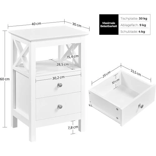 Zoom sur Table de Chevet Blanche, 2 Tiroirs, Moderne, Commode Nuit