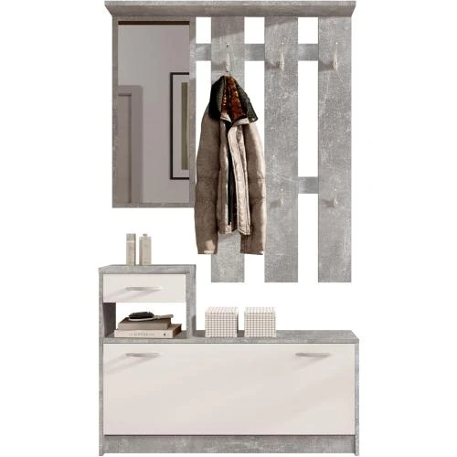 Garde-robe blanche mat, miroir, aspect béton, compact - Vue principale