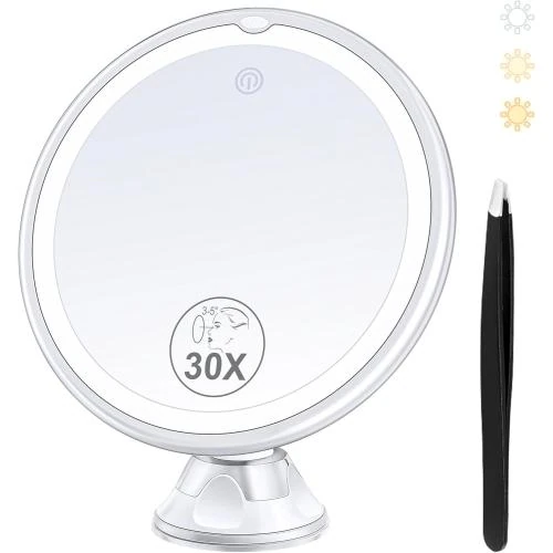 Miroir grossissant lumineux 30X, 3 modes couleur, ventouse - Vue principale