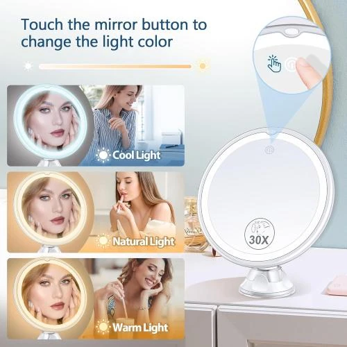 Zoom sur Miroir grossissant lumineux 30X, 3 modes couleur, ventouse