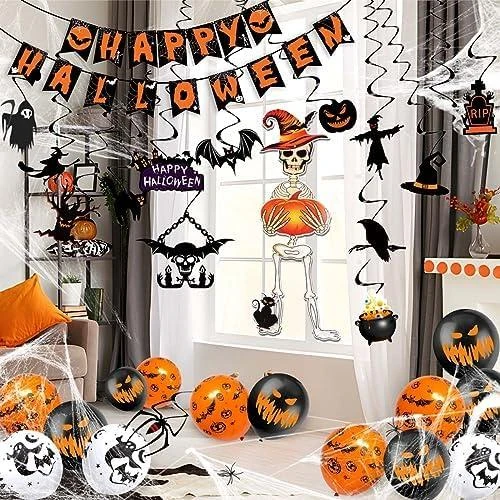 Zoom sur Banderole Halloween Squelette, Deco Effrayante, Ballon Araignée