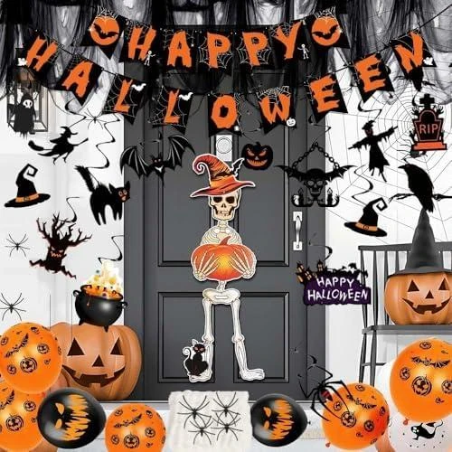 Banderole Halloween Squelette, Deco Effrayante, Ballon Araignée - Vue principale