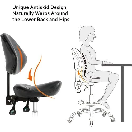 Zoom sur Tabouret de selle pivotant, support dorsal, repos pieds