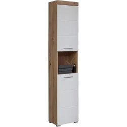 Armoire Haute Salle de Bain, Rangement Bois Blanc Brillant