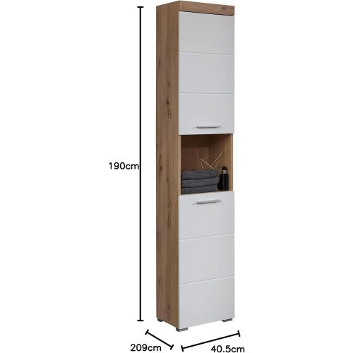 Présentation de Zoom sur Armoire Haute Salle de Bain, Rangement Bois Blanc Brillant