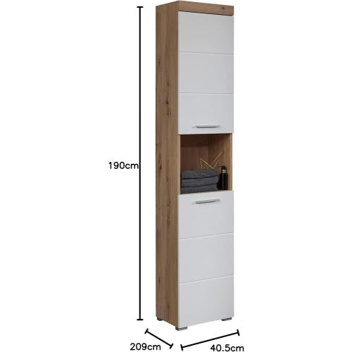 Zoom sur Armoire Haute Salle de Bain, Rangement Bois Blanc Brillant