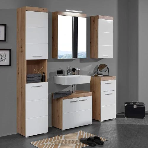 Détail de Armoire Haute Salle de Bain, Rangement Bois Blanc Brillant
