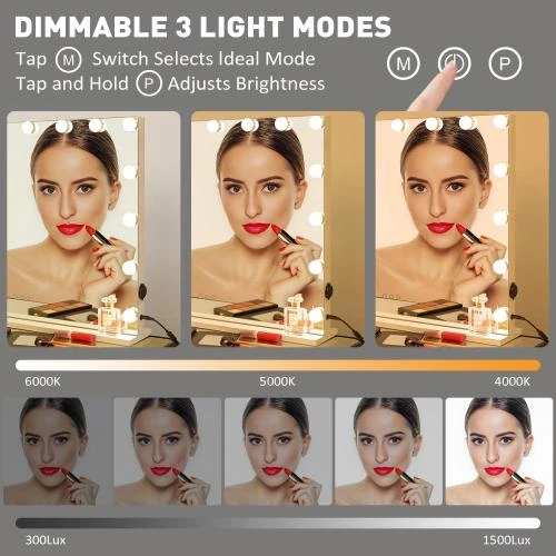 Détail de Miroir maquillage Hollywood, 15 ampoules LED, USB