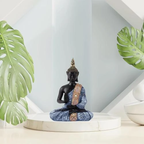 Détail de Sculpture Moderne Bouddha Pierre Synthétique Noir Bleu