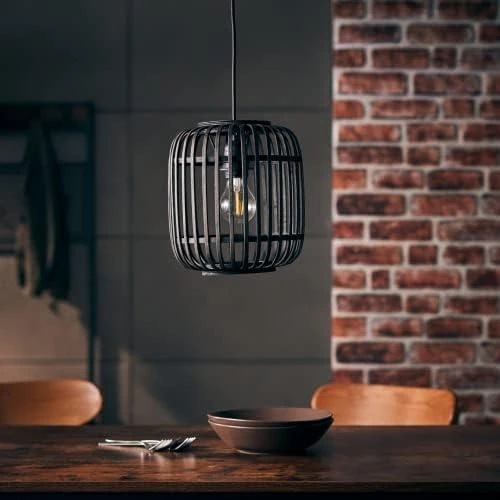 Zoom sur Suspension Rotin Moderne Boho, Lampe Suspendue Douille E27, Marron Clair Noir