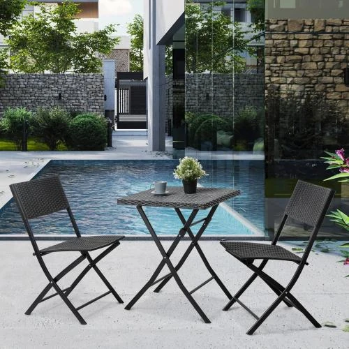 Détail de Ensemble 3 meubles jardin polyrotin, chaises pliantes noires