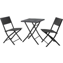 Ensemble 3 meubles jardin polyrotin, chaises pliantes noires