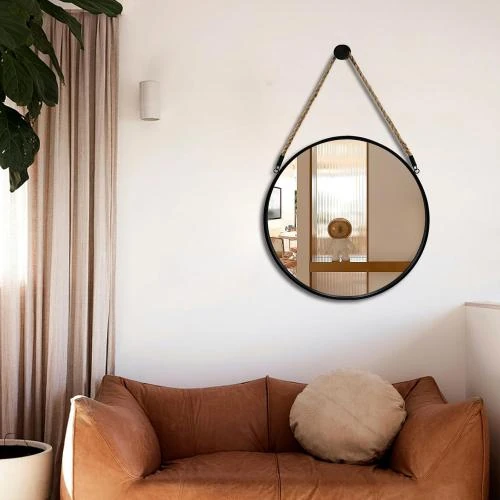 Zoom sur Miroir Rond Noir, Miroir Mural Ferme, Décoration Intérieure