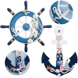 Décoration Murale Nautique, Roue Bateau, Ancre Bois