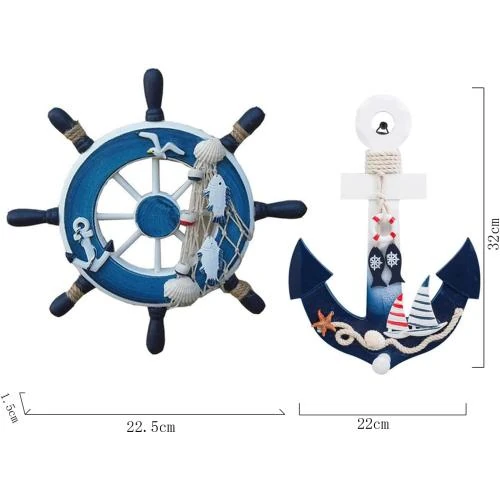 Détail de Décoration Murale Nautique, Roue Bateau, Ancre Bois