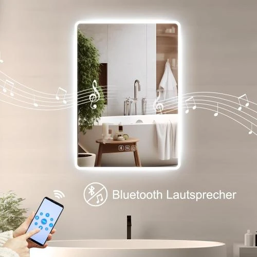 Zoom sur Miroir salle de bain LED, Bluetooth, anti-buée, haut-parleur