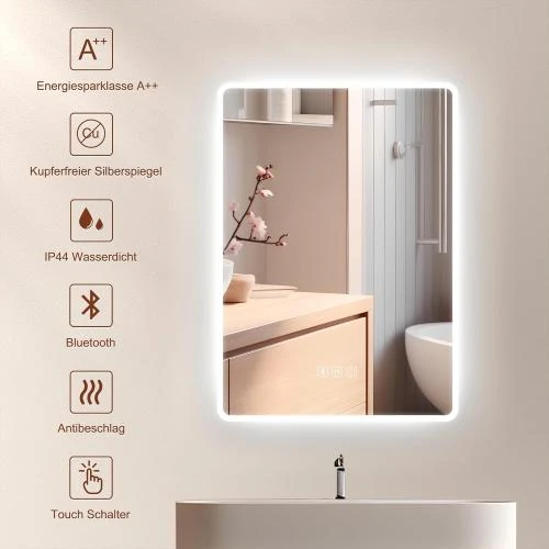 Détail de Miroir salle de bain LED, Bluetooth, anti-buée, haut-parleur