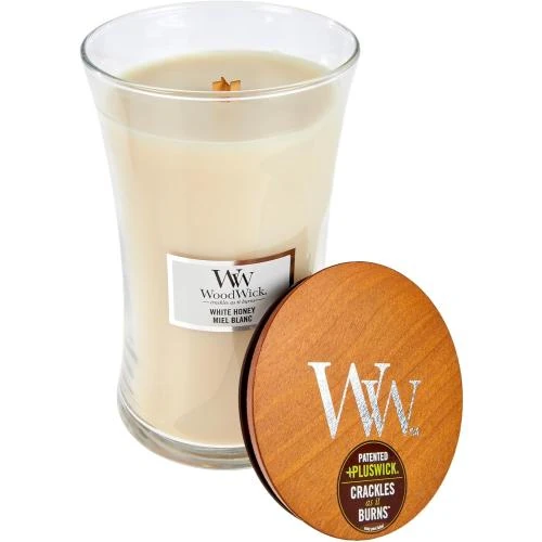 Zoom sur Bougie WoodWick, Beige, Parfum Relaxant, Ambiance Chaleureuse