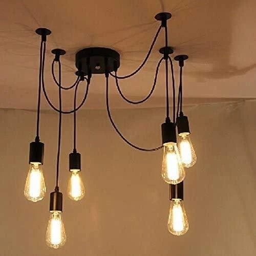 Zoom sur Suspension Luminaire Industrielle Vintage, Lampe Araignée 6 Bras Réglable, Éclairage Plafond