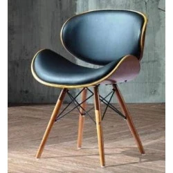 Chaise de Bureau Rétro, Simili Cuir Noir, Finitions Noyer, Style Folk