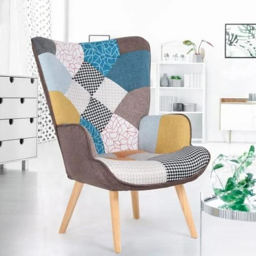 Détail de Fauteuil scandinave Ivar, tissu patchwork multicolore, IDMarket