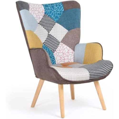 Fauteuil scandinave Ivar, tissu patchwork multicolore, IDMarket - Vue principale