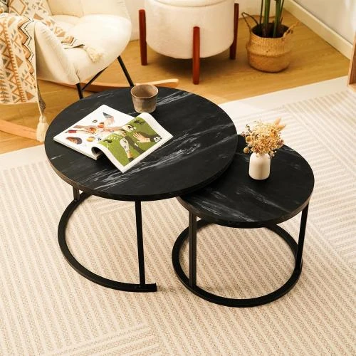 Détail de Tables d'appoint rondes empilables, métal robuste, noir