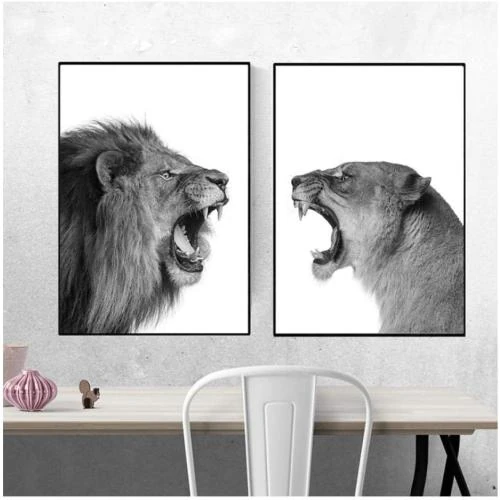 Affiche Lion Lionne Noir Blanc Art Animaux Murale - Vue principale